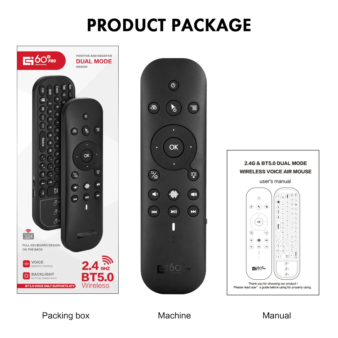 G60S Pro Air Mouse Wireless Voice Remote Control 2.4G Bluetooth-compatible Dual Mode IR Learning with Backlit for Computer TV