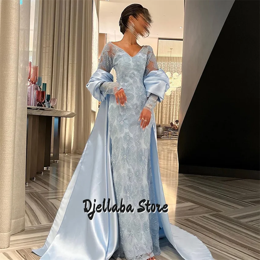 

Saudi Blue Evening Dress Customized Elegant Long Sleeves Beading Pearls Arabian Prom Gown Wedding Party Dresses with Cape