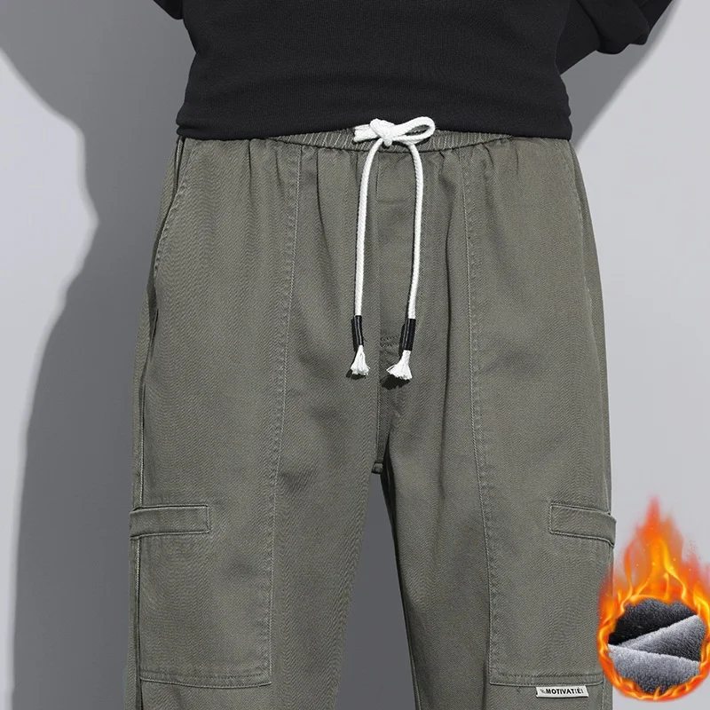 2024 Winter New Style Teen Men's Fleece Overalls Fashion Straight Drawstring Casual Wide Leg Paratrooper Pants