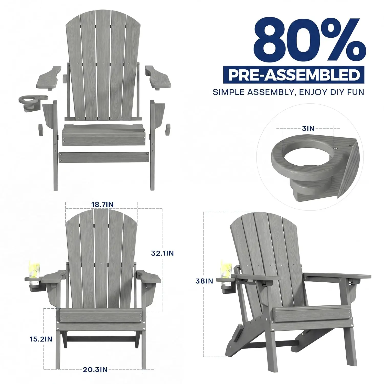 Folding Adjustable Adirondack Chair Set of 2, Patio Outdoor Lounge Seat, Grey, Customized
