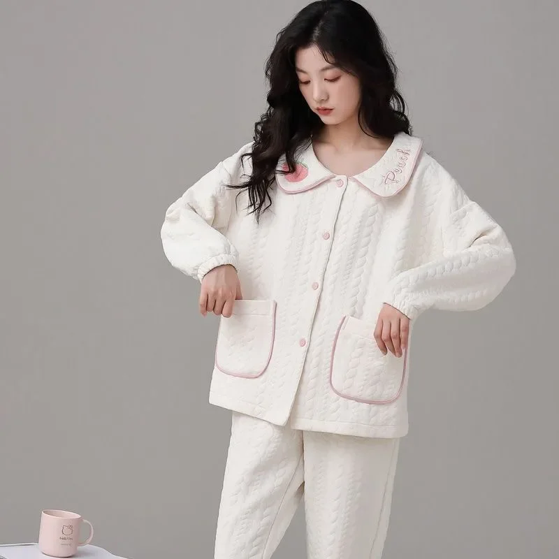 2024 New Air Cotton Sandwich Autumn Winter Pajamas Women Loose Loungewear Long Sleeved Sleepwear Set Spring V-neck Homewear