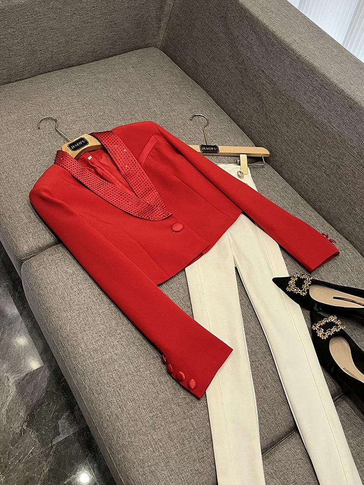 Faionable American Sle ort Bal Long Sve Diamond Embellied Women's Suit Commute Sle Slim Fit V-Ne Pure Color
