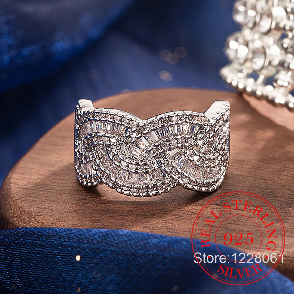 

925 Sterling Silver Jewelry AAA+ Crystal Lace Twist Finger Rings for Women Wedding Party Jewelry For Girls Friend Gift
