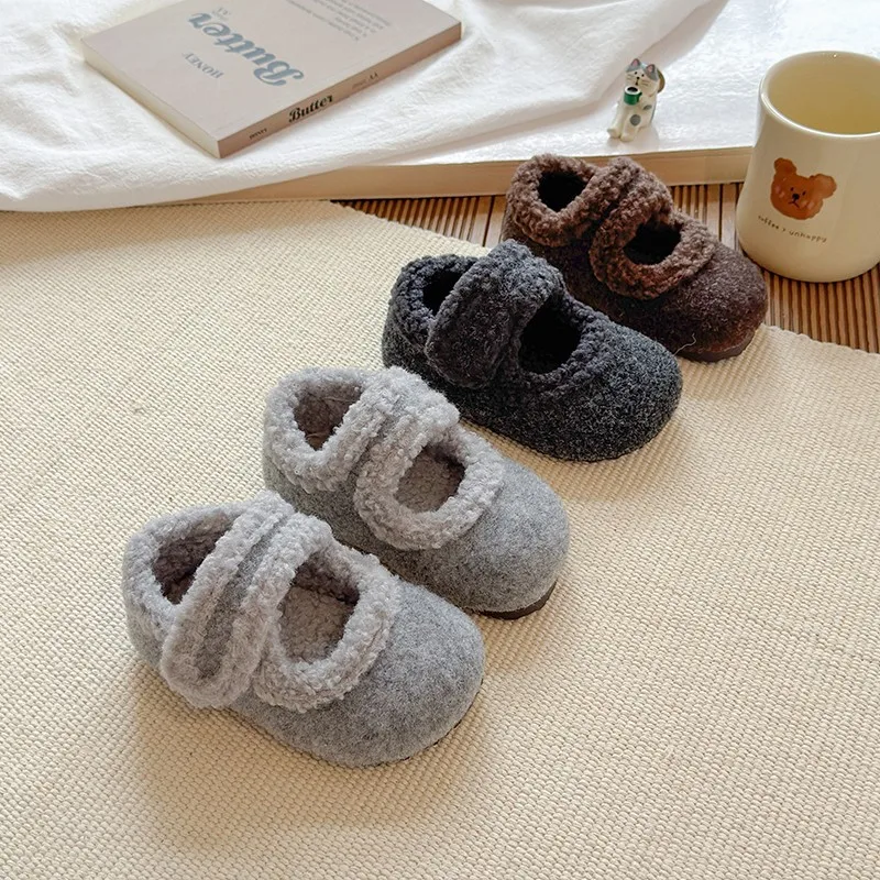 

Winter New Children Flat Shoes Fur Cover Toe Light Warm Kids Casual Shoe 2025 Plush Warm Non-slip Leisure Comfy Girls Shoe 21-30