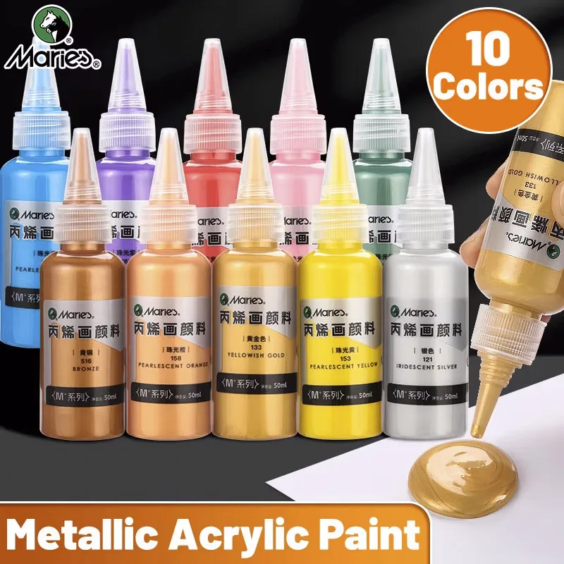 Marie's Golden Metallic Acrylic Pigment Set,10 Colors 50ml/1.69oz per Bottle for DIY,Furniture,Rock,Glass,Wood,Model for Adults