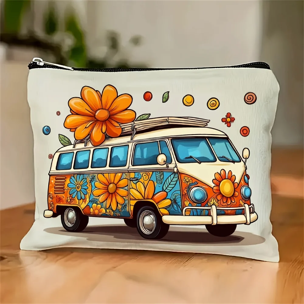 

A Retro Bus Makeup Bag -Cute Multi-functional Zipper Bag For Women, Jewelry Storage Bag, Perfect Travel Zipper Small Storage Bag