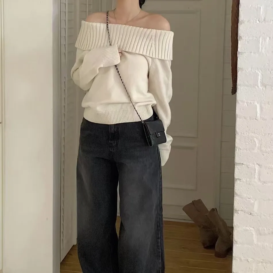 Autumn Winter Shoulder Bared Long Sleeve Knitted Sweater Women Slimming Elegant Style Casual Fashion Comfortable Fit Knitwear
