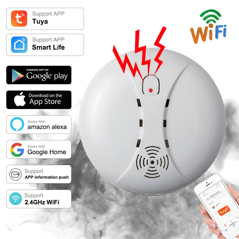 Tuya Smart WiFi Smoke Detector Sensor Alarm Home Security System Siren Fire Smart Life Mobile APP Remote Control Notification