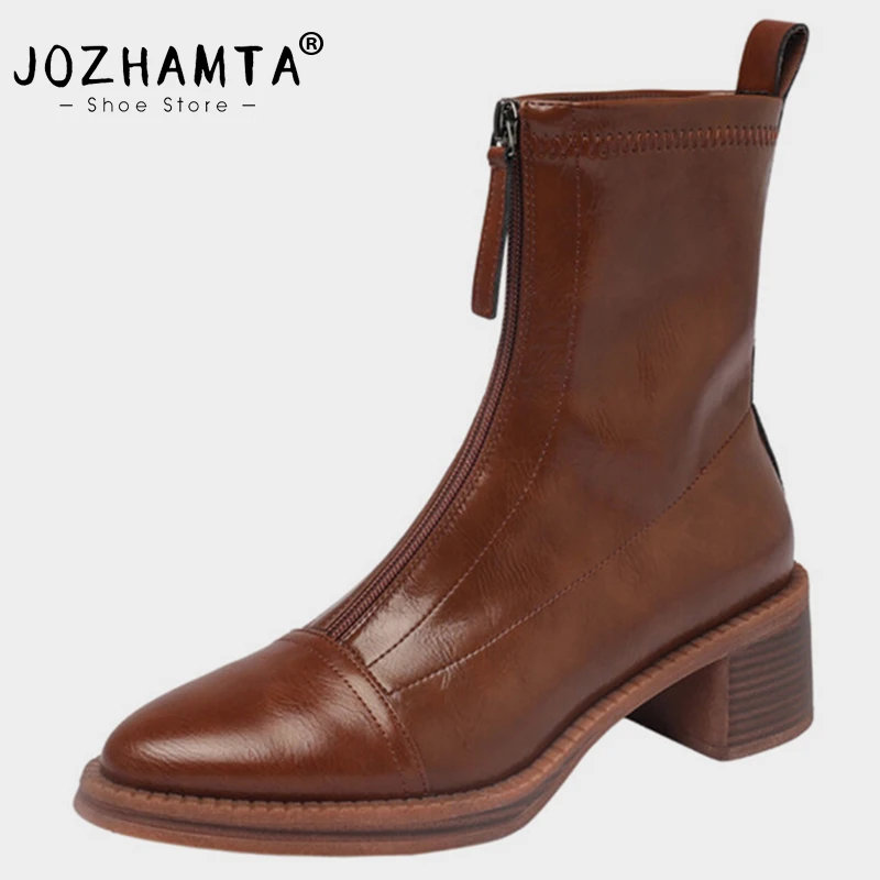 

JOZHAMTA Size 34-40 Women Stretch Ankle Boots Real Leather Elastic Chunky Block High Heels Shoes Fall Winter 2024 Short Booties