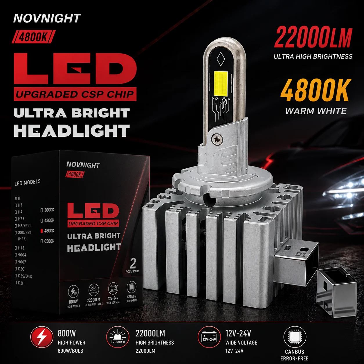 H7 D1S D2S LED Headlight 12000LM 4800K 6500K  CANBUS 2PCS Car Headlamp Replacement with Copper Cooling