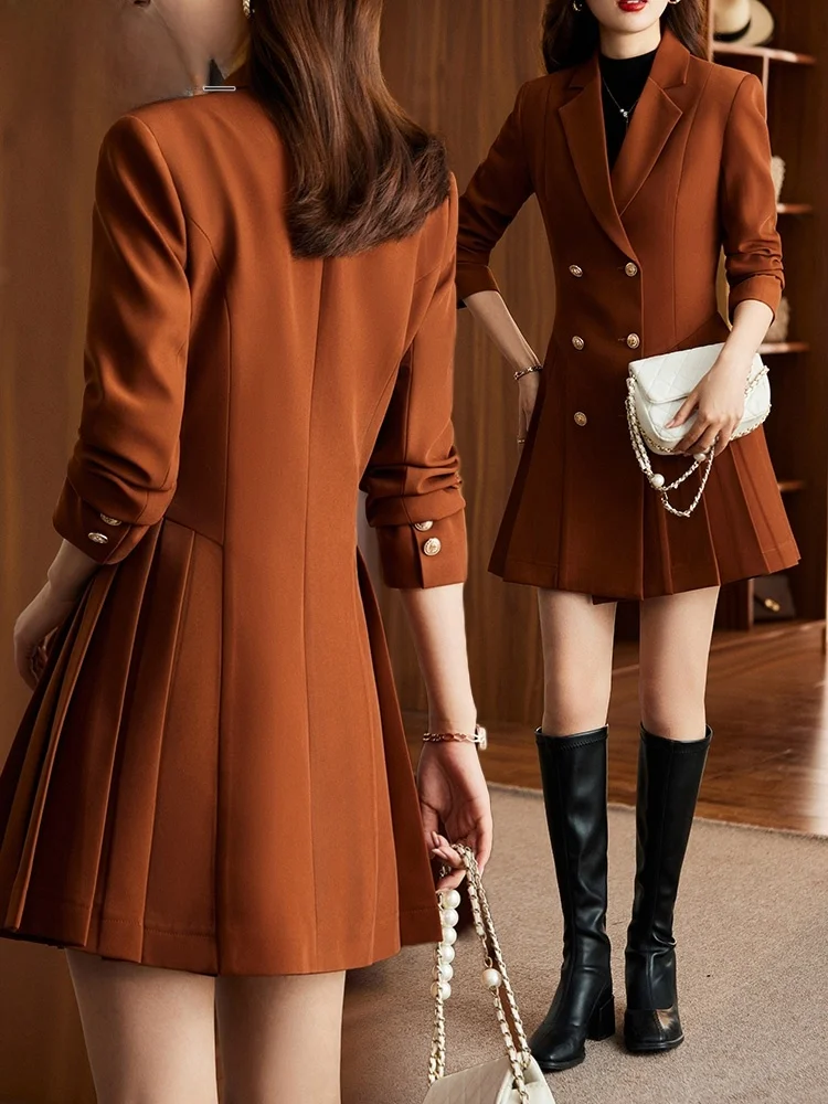 Elegant Mid-Length Suit Jacket Women's Style Autumn Winter New 2026 Trendy Small Size Large Coat Double Breasted Pure Color