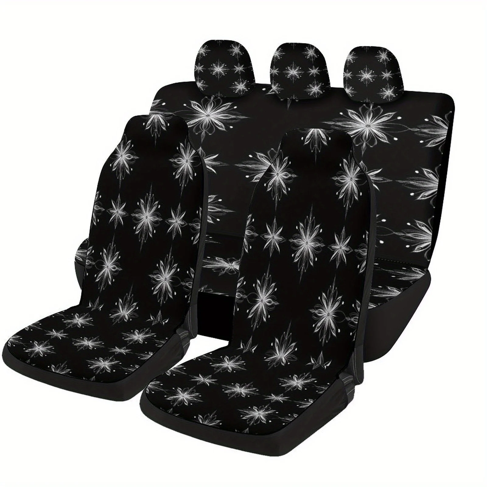 Black And White Floral Pattern Designed Car Seat Covers Set For Most Cars, Trendy Novelty Decorative Car Seat Protector Covers