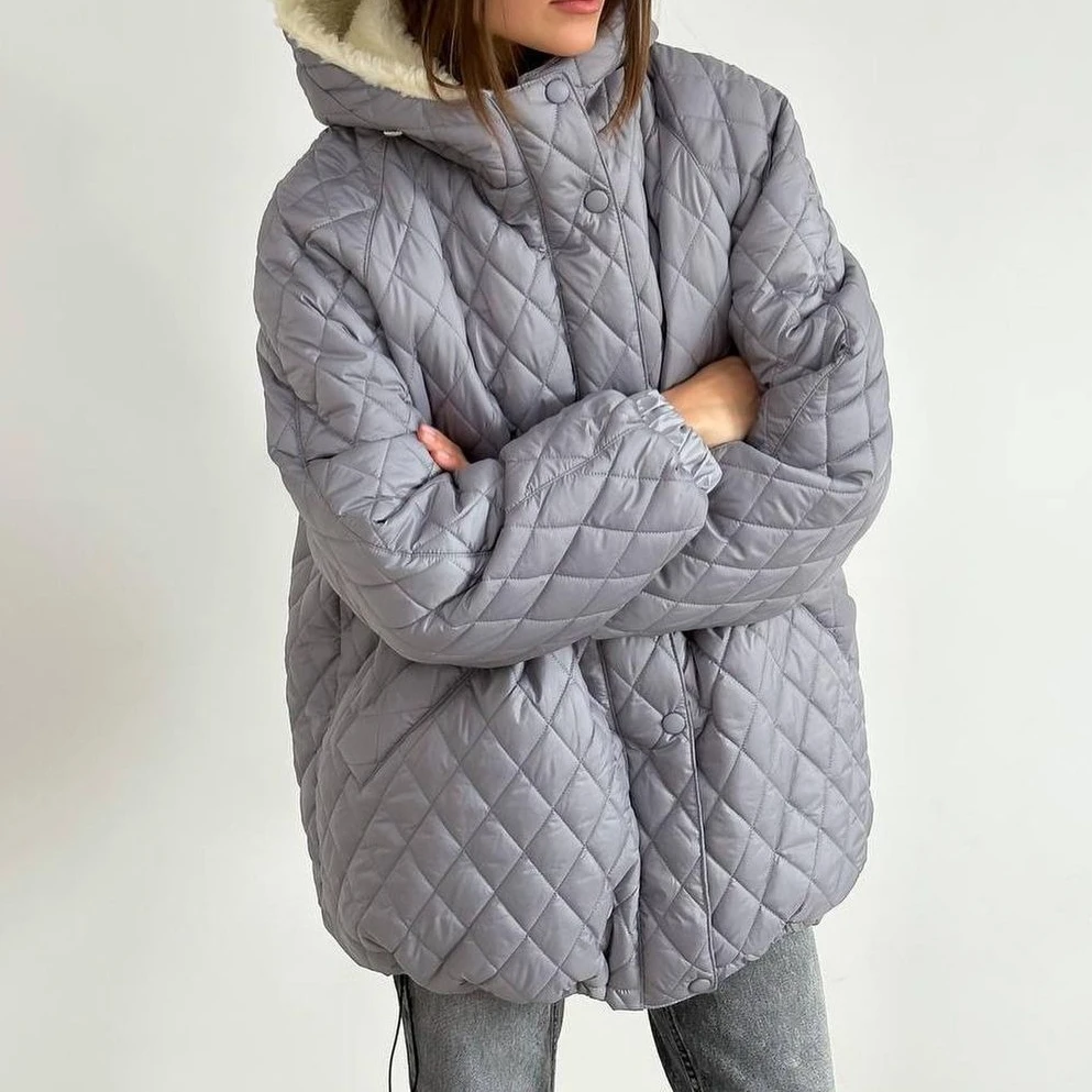 

Клетчатая куртка шерпа женская 2025 с капюшоном минималистское универсальное зимнее пальто повседневное