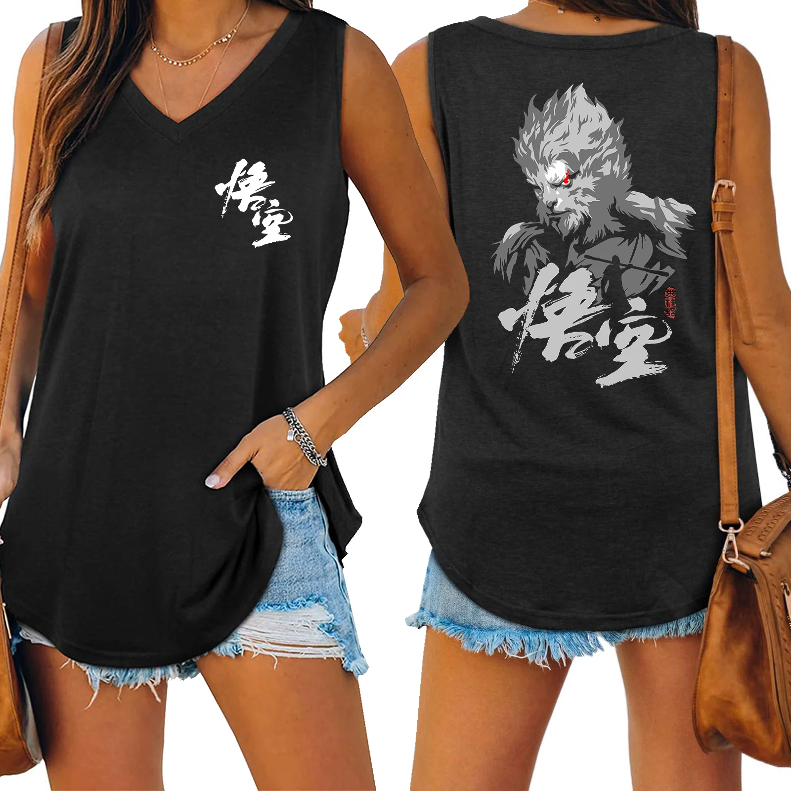 Black Myth Wukong Sun Wukong Tank V-neck Female Vest Loose Oversized Women No Sleeve Top