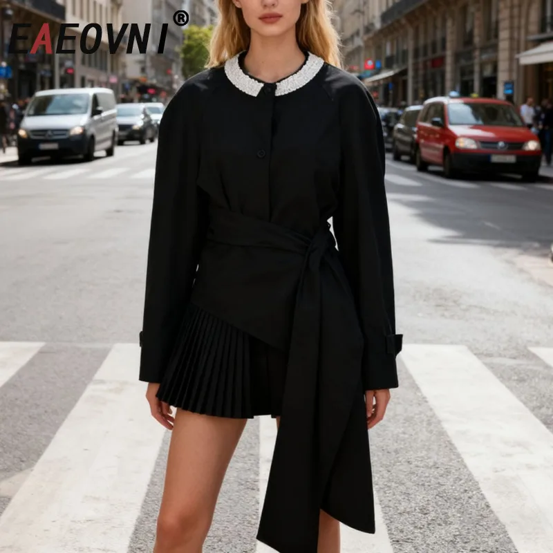 

EAEOVNI Fashion Women's Suit Coat O Neck Contrast Color Long Sleeve Irregular Patchwork Jacket Streetwear 2026 New Clothing