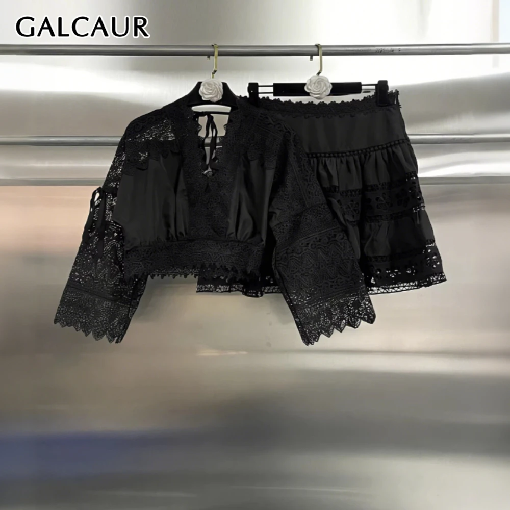 

GALCAUR Black Spliced Lace Two Piece Set Female V Neck Long Sleeve Shirt Sweet Edgy Women's Skirt Sets Fashion Summer New Style