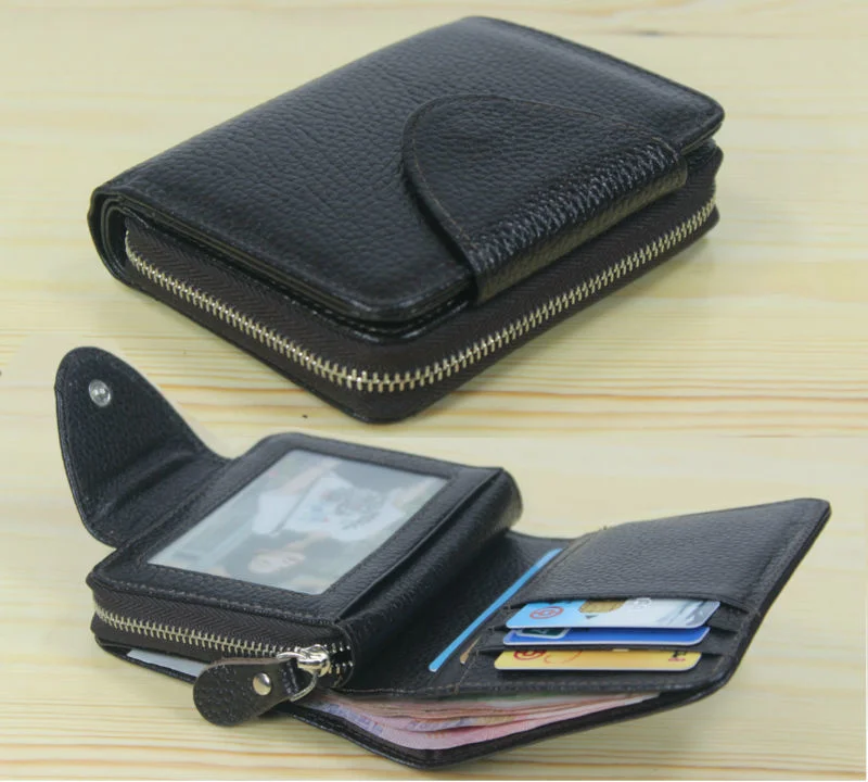 Men wallets Fashion Genuine Leather Wallet Purse male wallet zip around Short money bag Coin Bag Money Holder Black Vertical