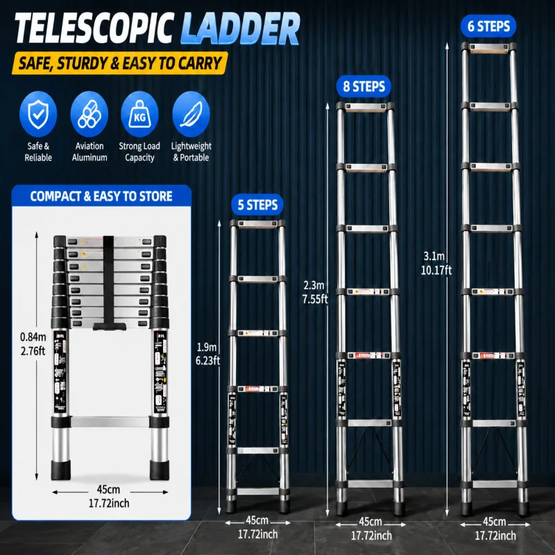1.9m/2.3m/3.1m Home Retractable Ladder Multifunctional Stainless Steel Telescopic Ladder Portable Folding Ladder AntiSlip