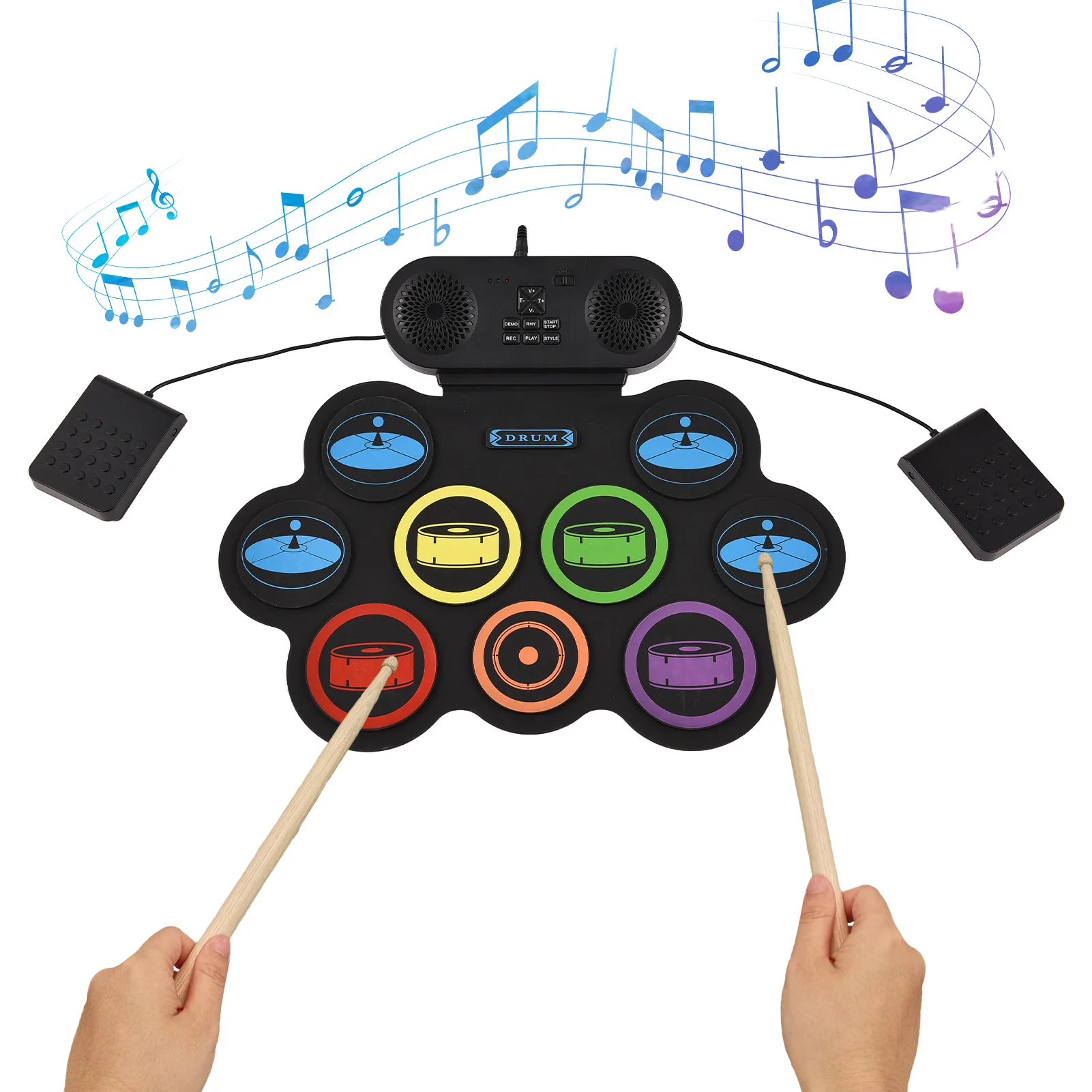 9 Pads Electronic Drum Set Hand Roll Drum Set Supports DTX Gaming/BT Dual Speaker 7 Drum Styles 6 Rhythms 10Demo Songs Pad Drum