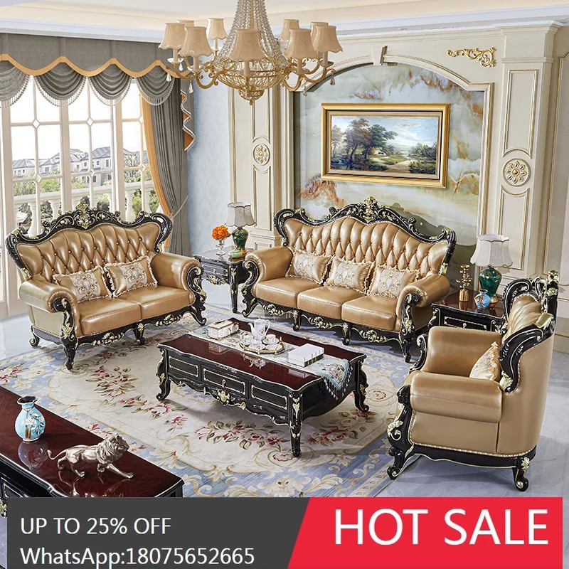 

HLZ European Style Genuine Leather Sofa Large Apartment Villa Luxury Living Room Solid Wood Whole House Furniture
