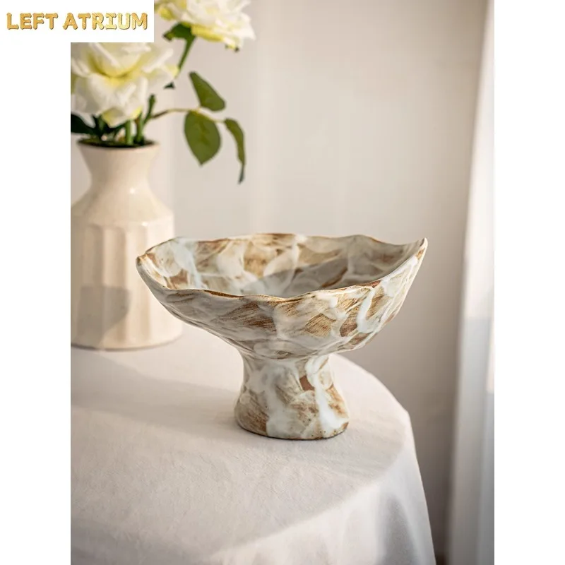 Beautiful High Footed Flower Plate Retro Rough Pottery Dried Fruit Plate Home Creative Ornament