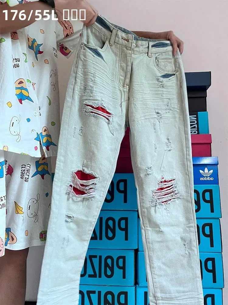 

American Hiphop Washed Patchwork Hole Design Slim Fit Straight Leg Jeans Youthful Trendy mid Waist Zipper Closure Casual Jeans