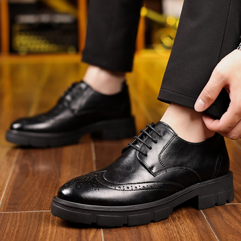 

British Style Black Vintage Leather Brogue Carved Oxfords Chunky Platform Lace Up Formal Business Office Groom Wedding Shoes