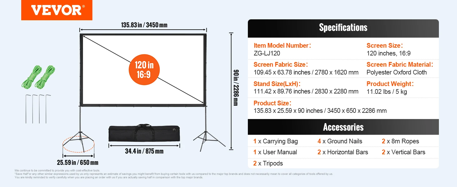 SucceBuy projectorscherm met standaard 100 120 150 inch 16:9 4K 1080 HD draagbaar projectiescherm voor thuiskantoor theater bioscoop