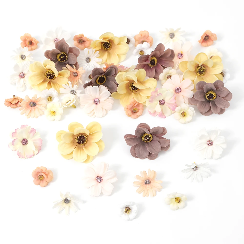 

50Pcs Artificial Flowers Combination Yellow Coffee Color Fake Flowers for Home Decor Wedding Decoration Garland Gifts Accessory