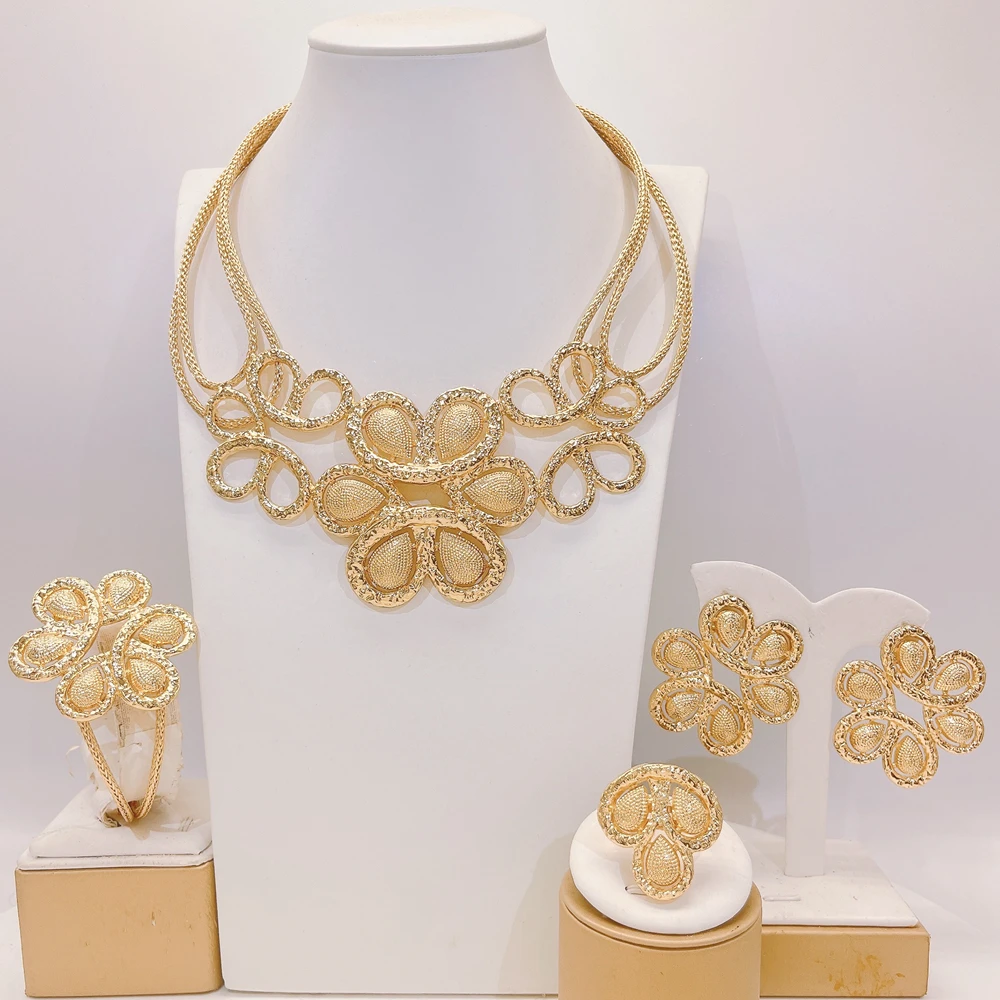 

Classic Flower Style Jewelry Set Gold Plated Earrings Necklace Ring Girls Women Gift