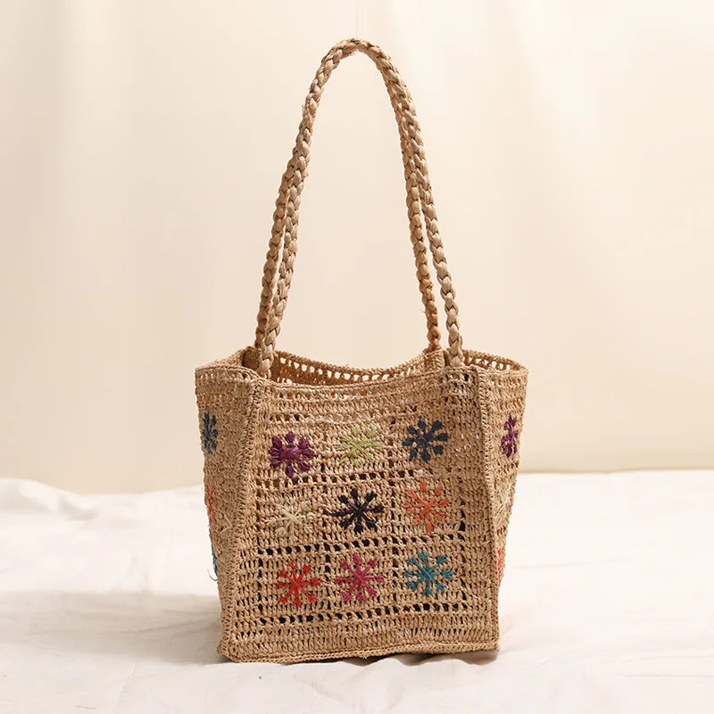 Bohemian Flower Straw Bag Handbag Summer Raffia Beach Bags for Women Shoulder Bag Handmade Woven Rattan Bags
