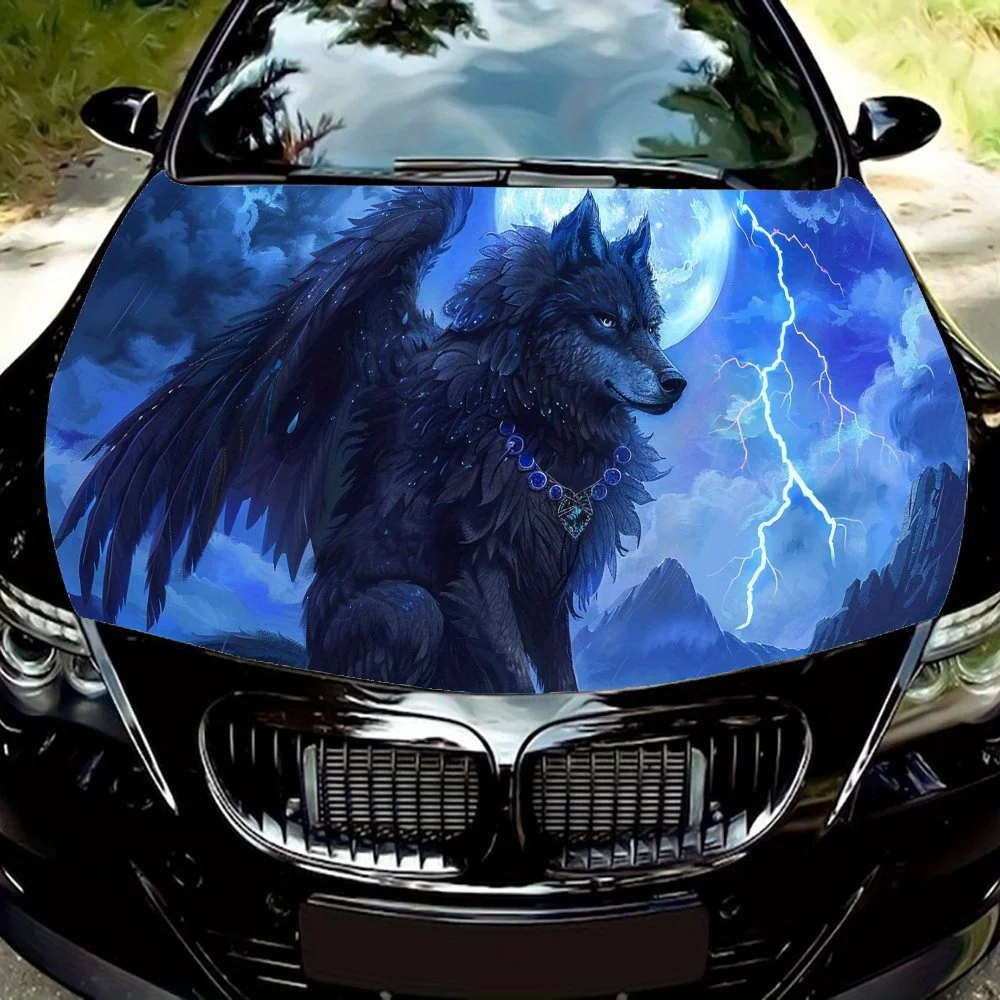 

Fantasy Lightning Winged Wolf Pattern PVC Car Vinyl Wraps, Self-Adhesive Waterproof Car Hood Decal Sticker, Car Decoration Prote