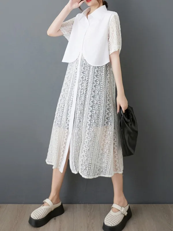 

Artistic Lace Embroidery Hollow out Women's plus Size irt ort Sve Collar Long Cardigan Summer Fake Two-Piece