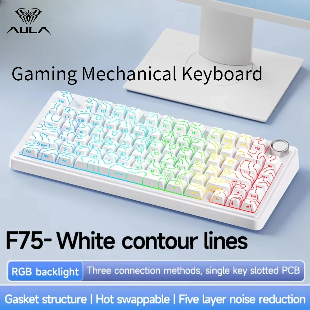 AULA F75 Gaming-Tastatur 2,4 G, kabellos/Bluetooth/kabelgebunden, 3 Modi, RGB, maßgeschneidert, 75 %