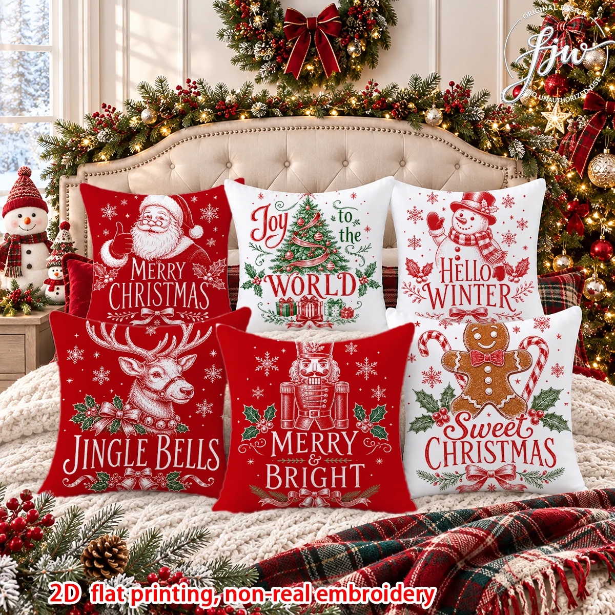 6pcs Christmas Throw Pillow Covers Vintage Tree Santa Snowman Reindeer Decorative Cushion Cases for Home Holiday Sofa Bed Decor