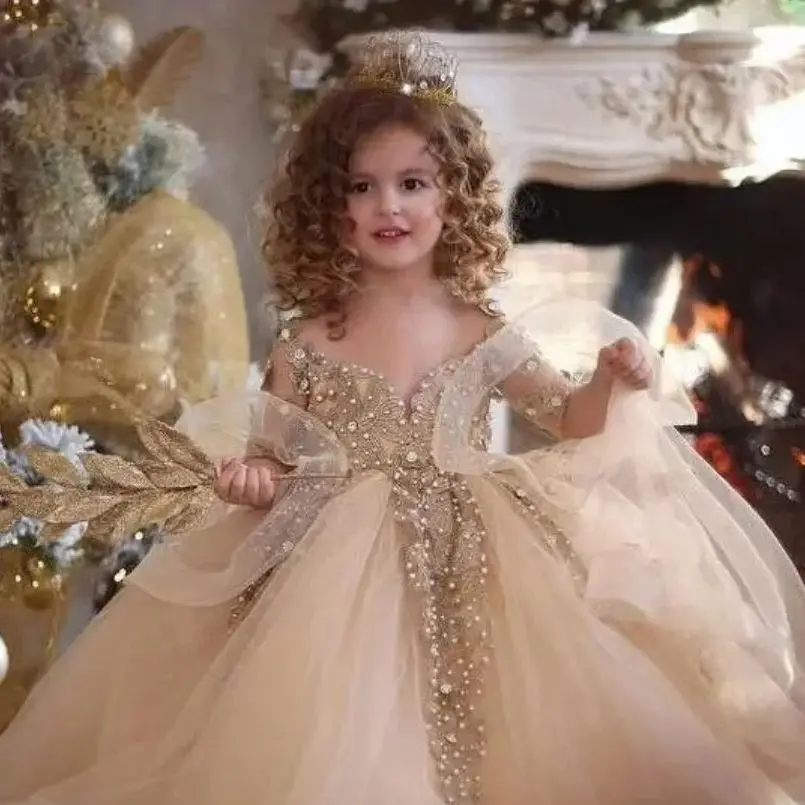 

Платья для девочек-цветочниц, пышное платье на заказ, роскошные свадебные платья цвета шампанского с оборками из бисера, платья для дня рождения, первого причастия