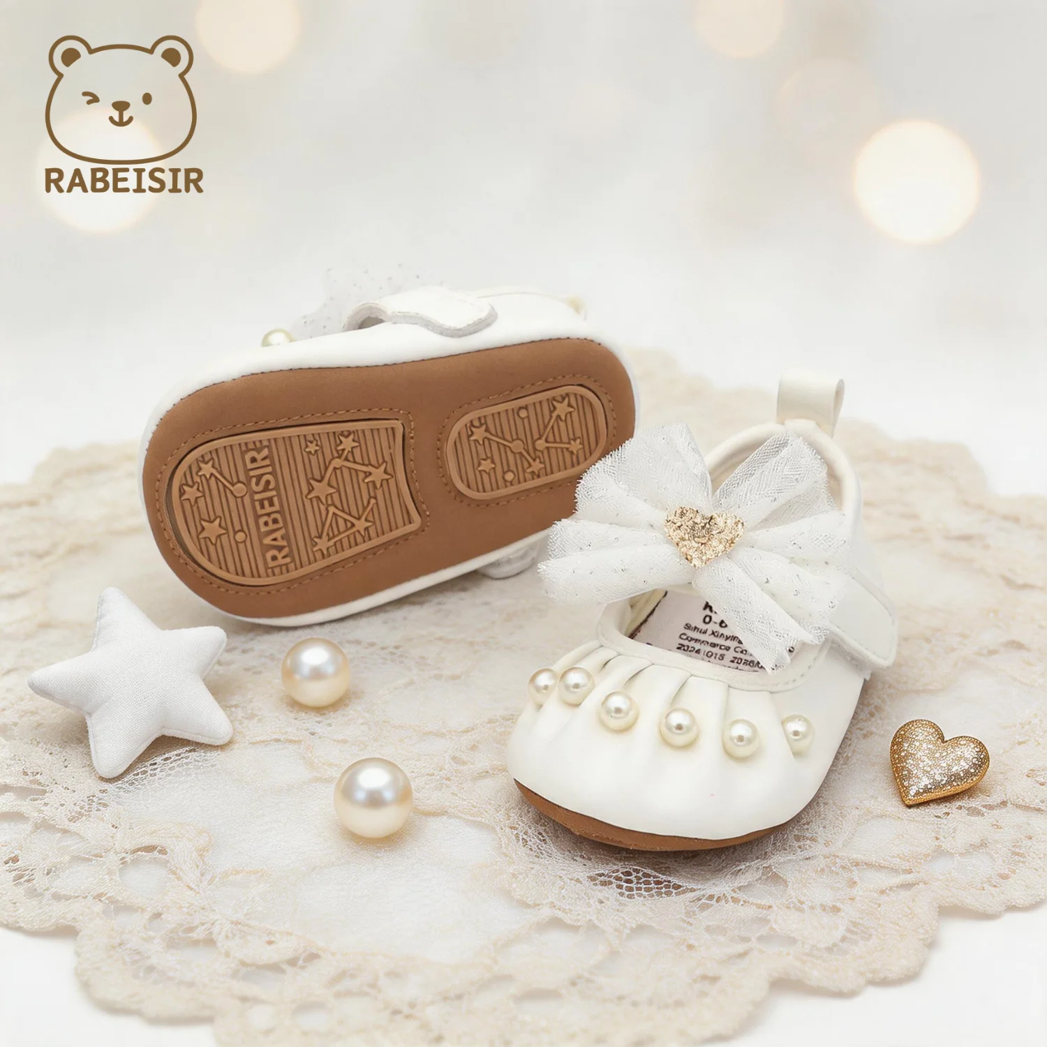 Perlenbesetzte, geraffte Babyschuhe mit Glitzerherz, Tüllschleife, Klettverschluss, leichte, weiche Sohle, Baby-Laufschuhe – Detail 7