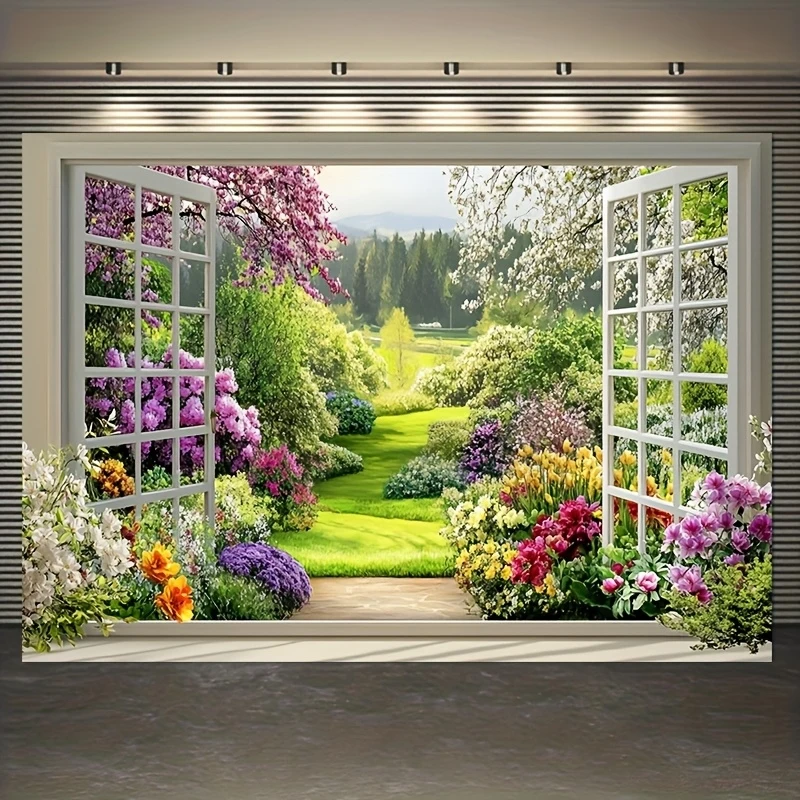 VIKAMA Window Opening Spring Garden Tapestry Window Flower Sea Background Cloth Living Room Enthusiasts Room Decoration