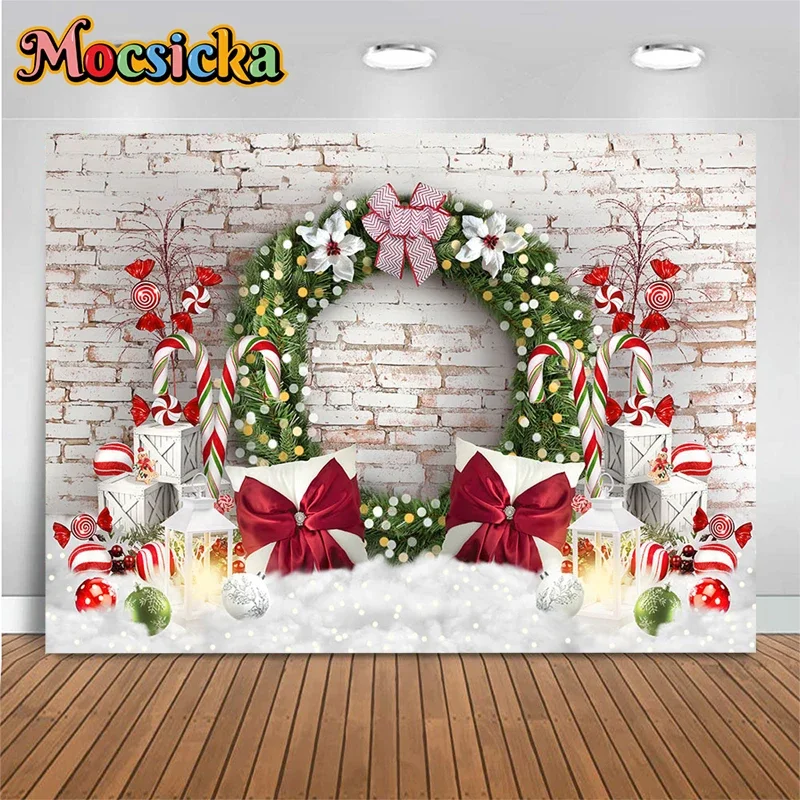 

Mocsicka Christmas Decoration Photography Background Brick Wall White Flower Candy Pillow Bow Flashing Light Photo Backdrop Prop