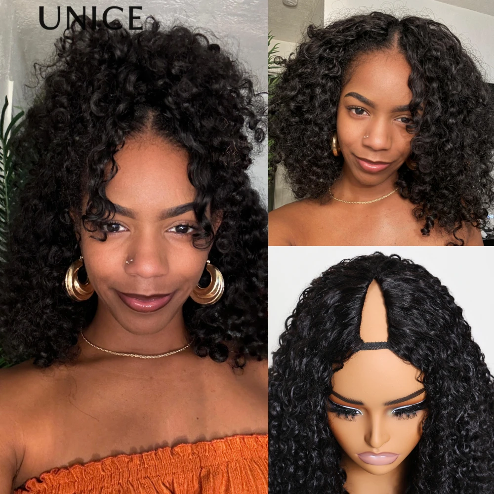 

UNice InvisiBlend ™ Парик Jerry Curly V-образной формы, бесшовный, из 100% натуральных волос, с завязками, плотность 150%