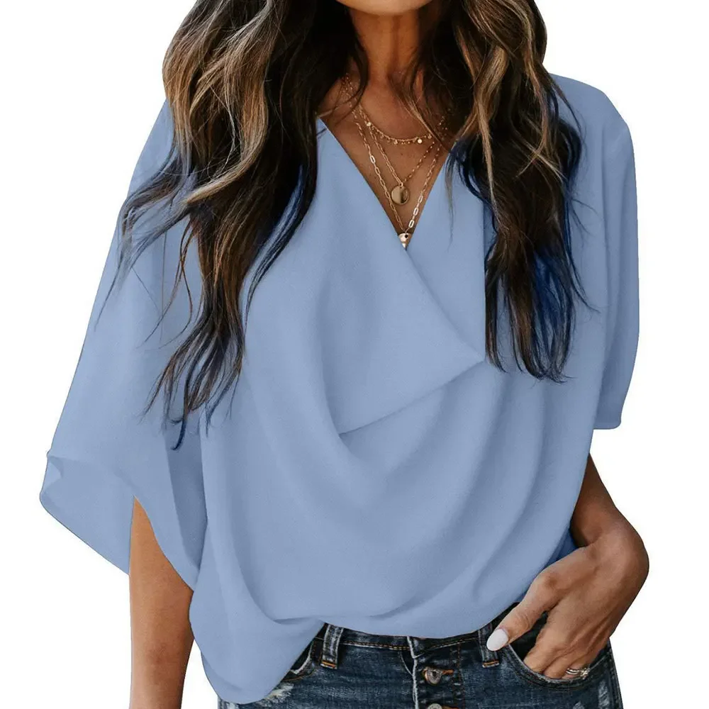 

Jocoo Jolee Women Pullover Elegant Blouse Chiffon Flare Sleeve V-Neck Solid Pleated Loose Summer Office Lady Casual Basic Shirt