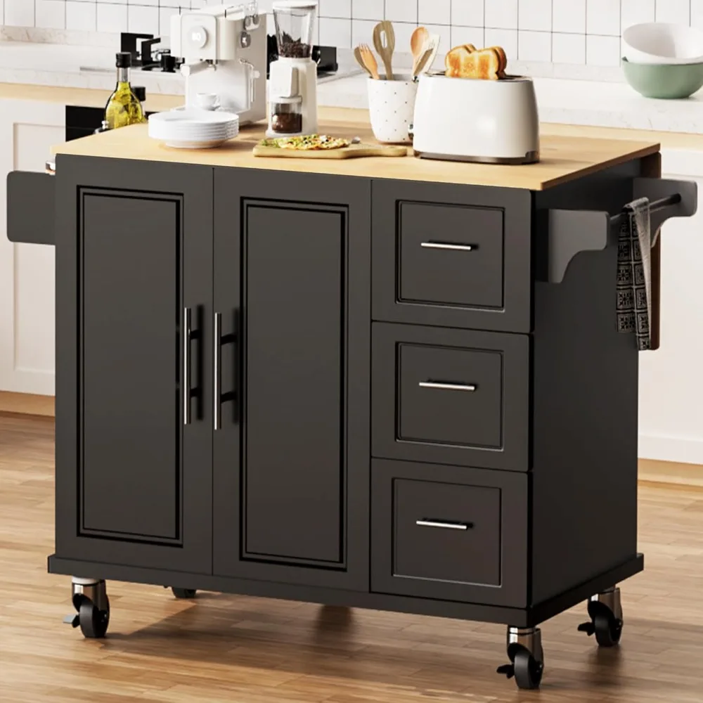 Kitchen Island 54 Inch, Large Rolling Cart Wheels, Drop Leaf Three Drawers, Spice Rack Cabinet Mobile
