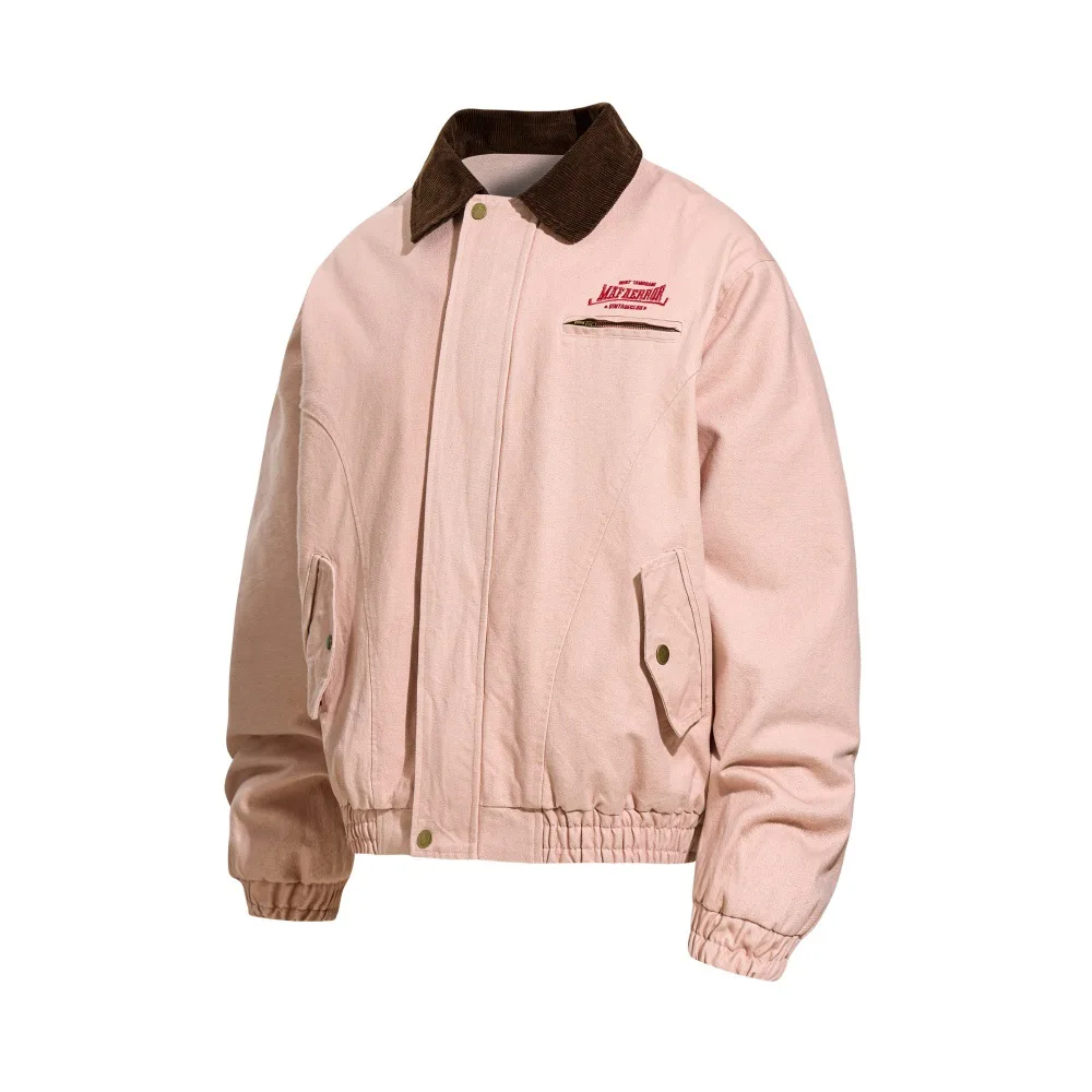 

Men's Winter Trendy Fun Cartoon Embroidered Bomber Jacket Color-Block Lapel Lamb Wool Fleece Baseball Jacket