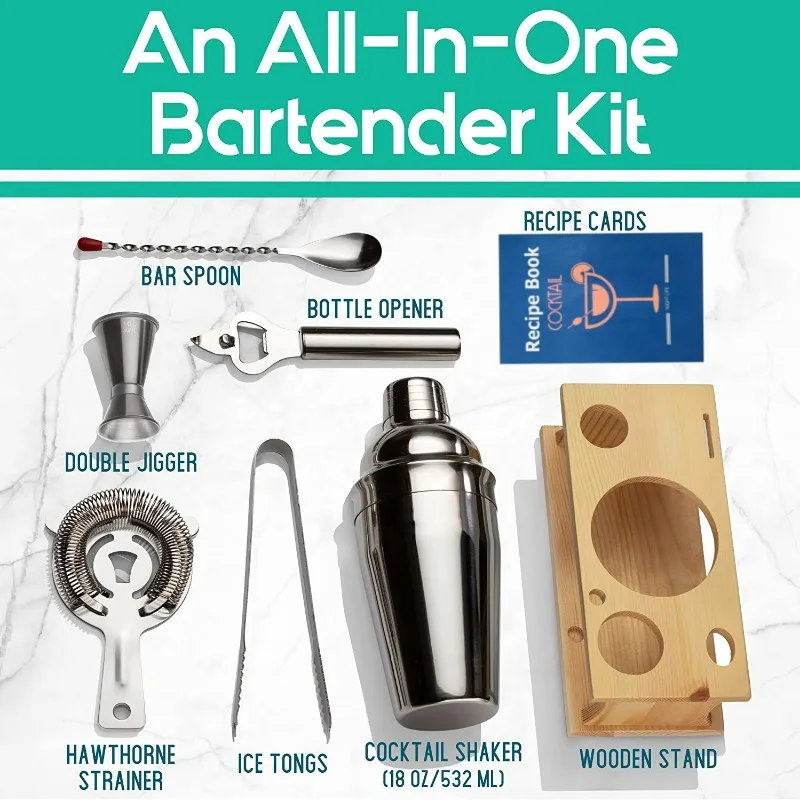 18oz Martini Shaker Mixology Kit, 8Pcs Stainless Steel Boston Cocktail Shaker Full Bartender Tools For Home Party Wedding Bar