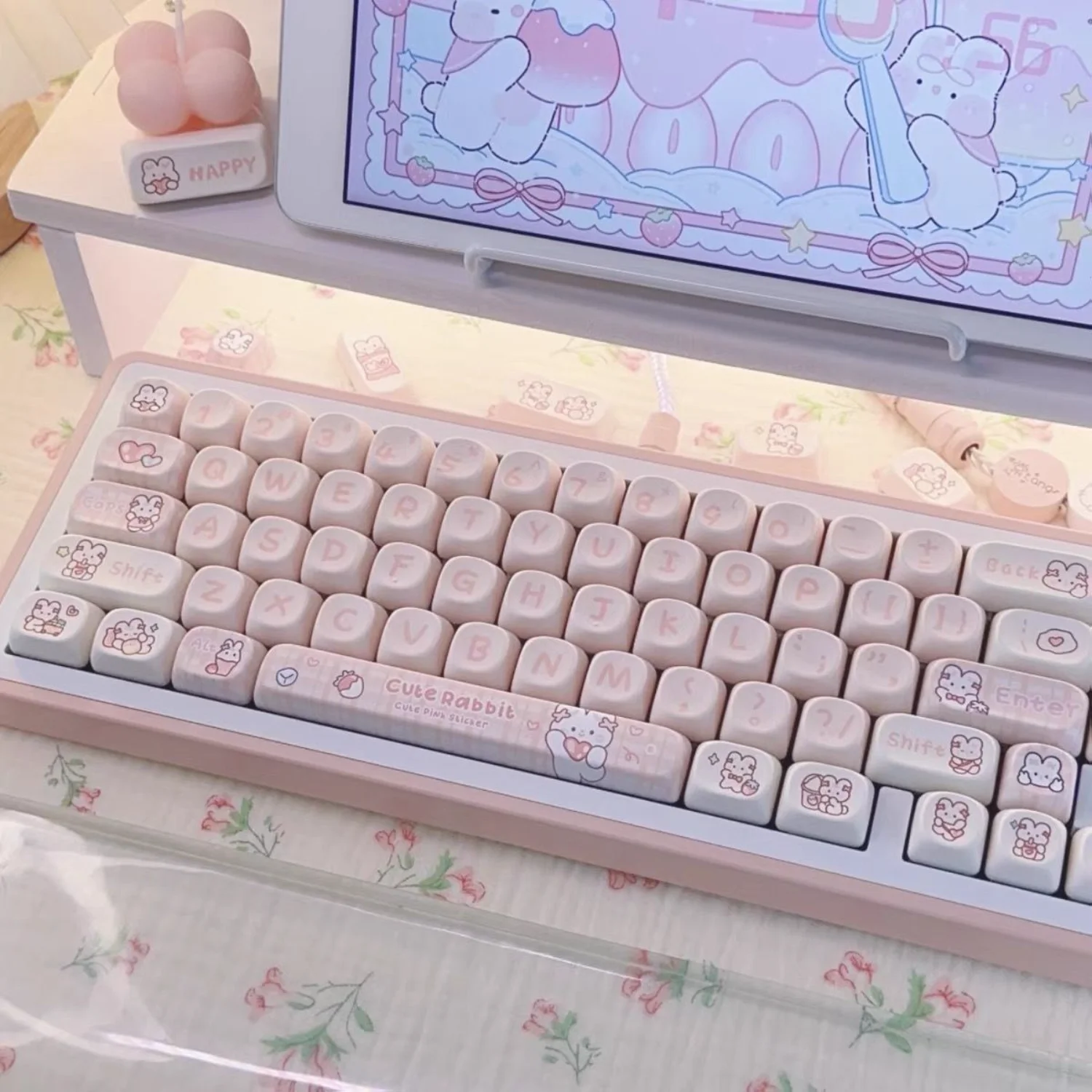 Cute Pink Bunny MOA Keycaps Pbt Heat Sublimation Small Full Set for MX Switch 60/71/84/90/104/108 Mechanical Keyboards