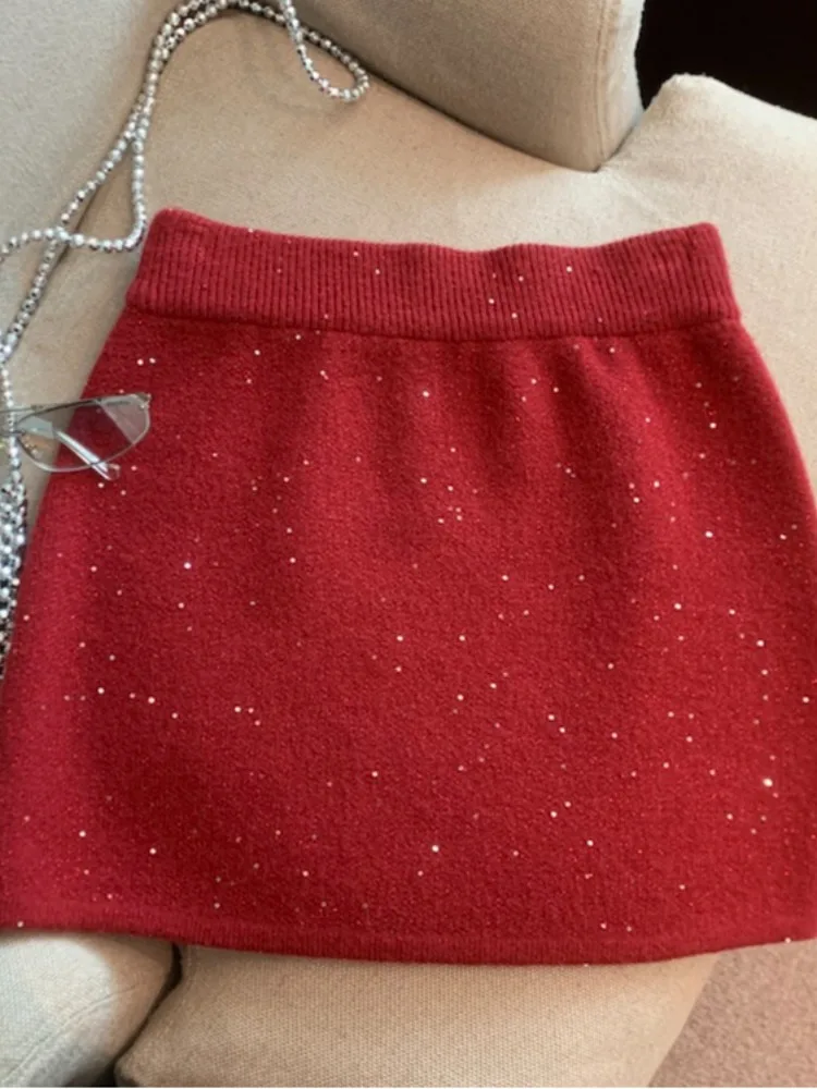 패셔너블한 하이웨이스트 니트 A라인 스커트 여성용 가을 겨울 순수한 매력 스커트 부드럽고 편안한 코르...