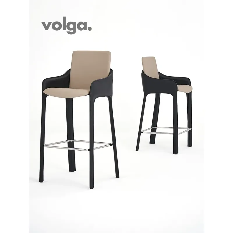 Italian Minimalist Saddle Leather Bar Chair – High-End Designer High Stool with Armrest, Durable for Home/Kitchen/Bar