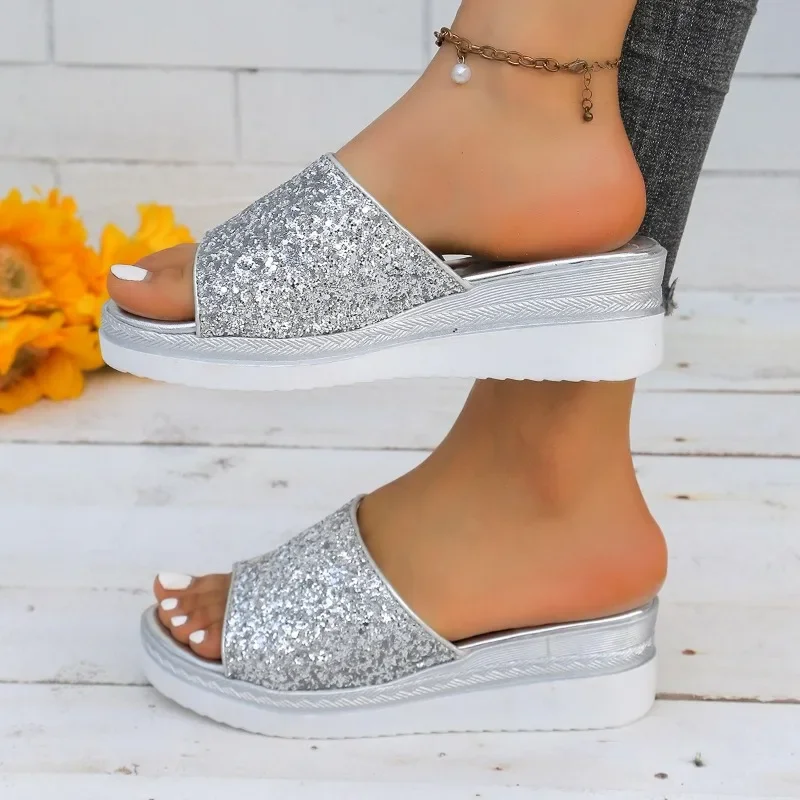 2024 brand Ladies Shoes Plus Size Women's Slippers Fashion Sequins Casual Slippers Women New Peep Toe Wedge Slippers zapatos