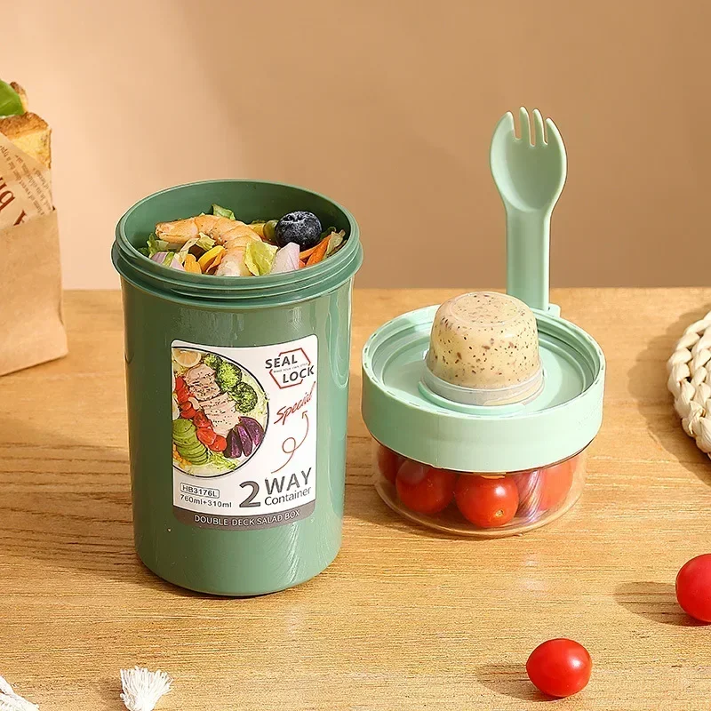 Bento Lunch Box Salad Oatmeal Breakfast Double Cup Cereal Nut Yogurt Container Set with Dressing Holder Fork Meal Preparation view 4
