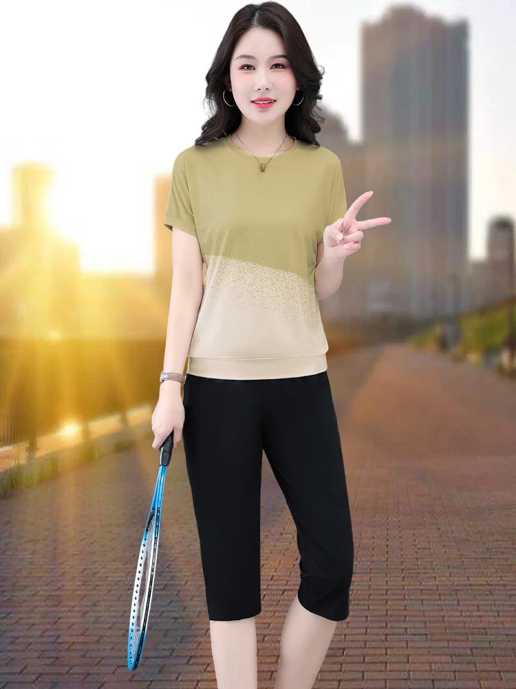 Qui Dry Sportswear Set for Women Summer Thin Sle Agel Mom Fit Seven-Foot Pants Casual Sportswear ort Sve round Ne